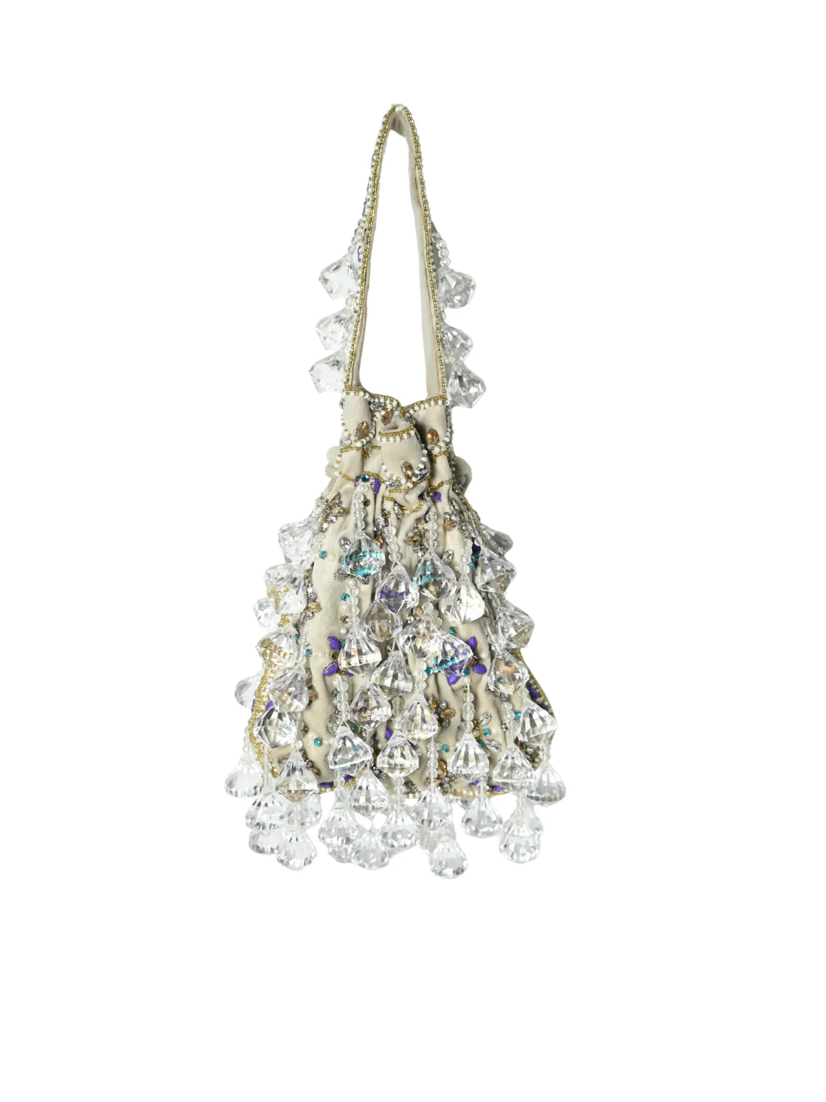 Odette Beige Suede Embellished Potli For Women - Image 3