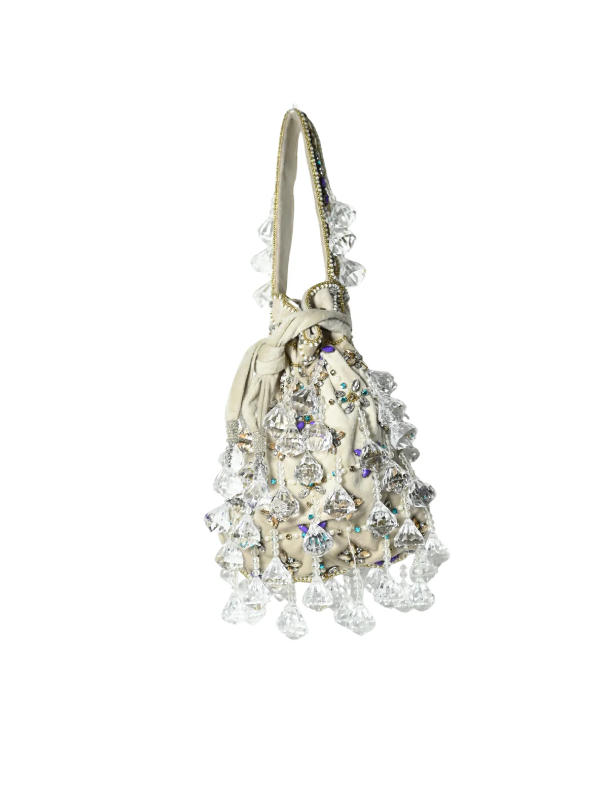Odette Beige Suede Embellished Potli For Women - Image 4