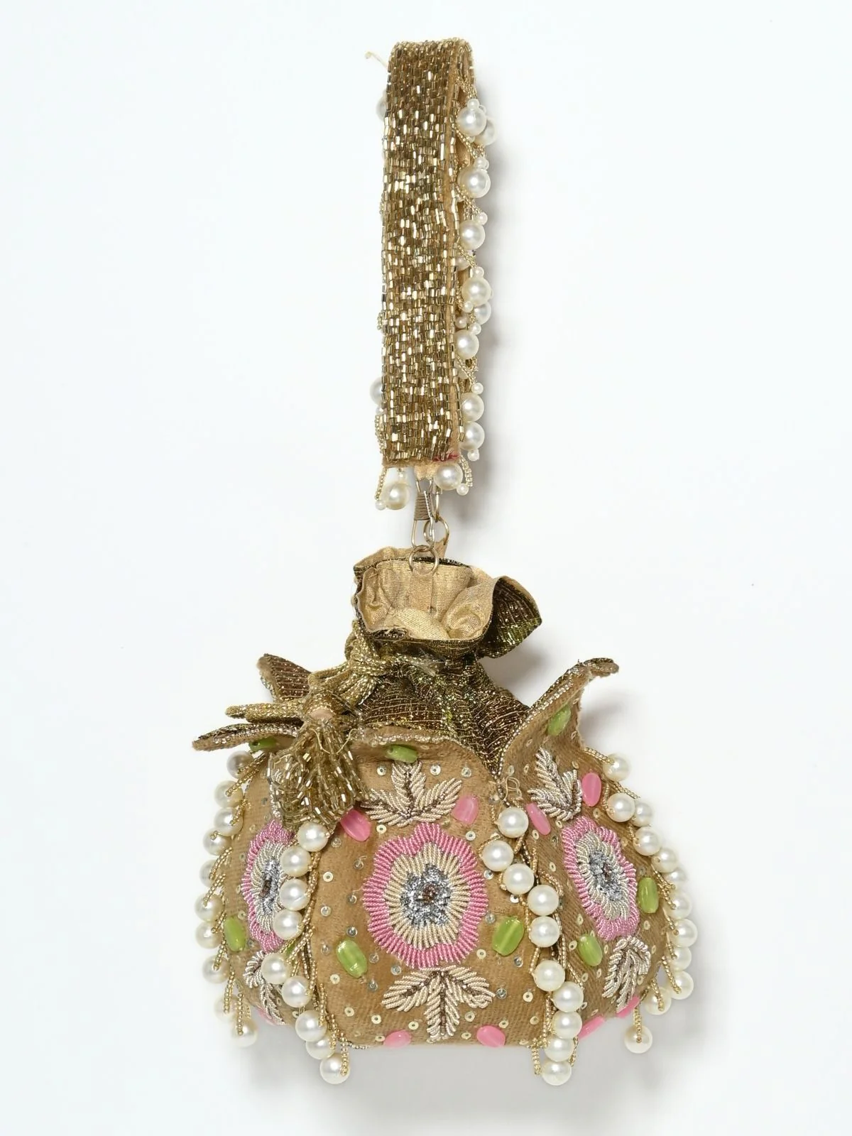 Odette Beige Suede Embroidered Lotus Potli For Women - Image 4