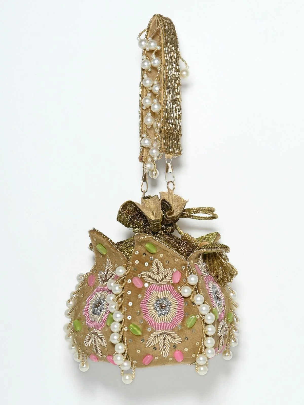 Odette Beige Suede Embroidered Lotus Potli For Women - Image 5