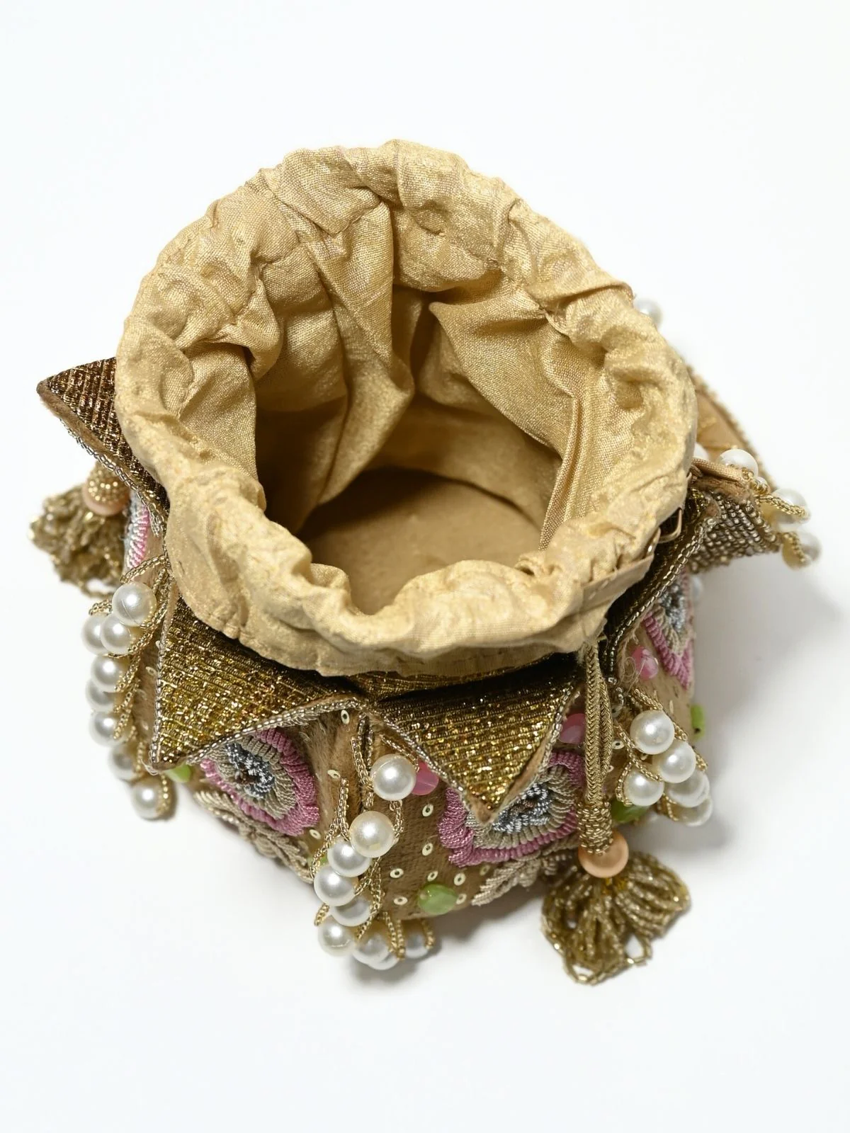 Odette Beige Suede Embroidered Lotus Potli For Women - Image 7