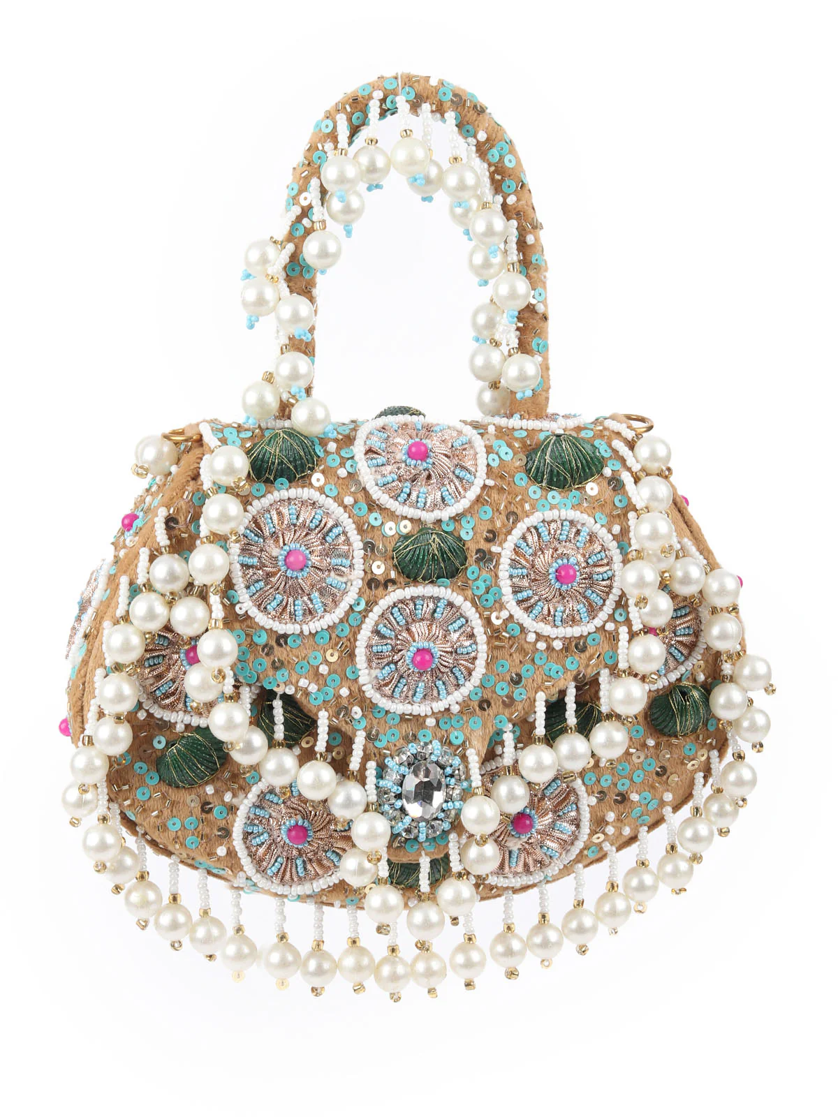 Odette Beige Suede With Cutdana, Beads And Shell Work Boho Tassels Hand Bag For Women - Image 3