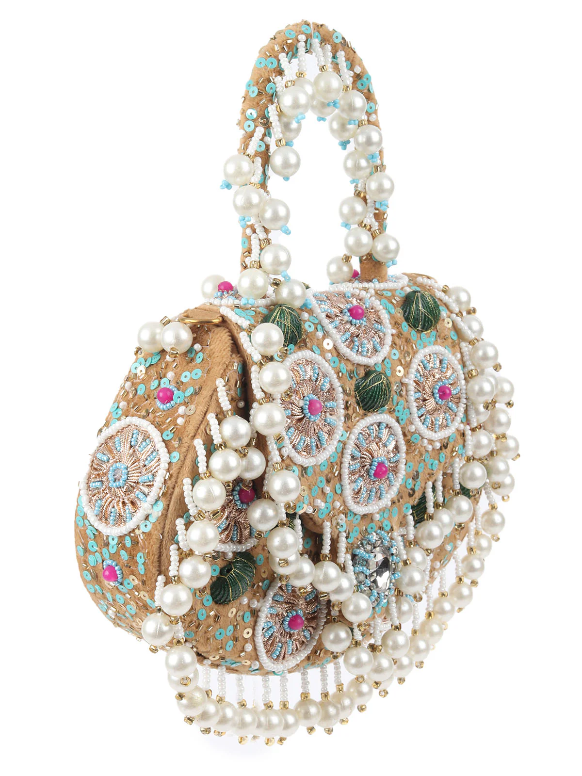 Odette Beige Suede With Cutdana, Beads And Shell Work Boho Tassels Hand Bag For Women - Image 5