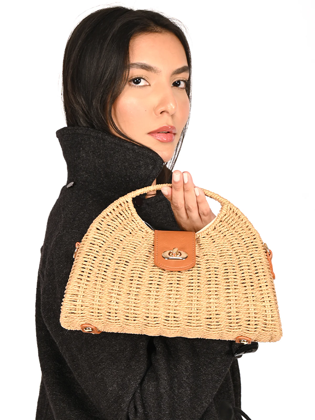 Odette Beige Textured Jute Evening Clutch For Women - Image 2
