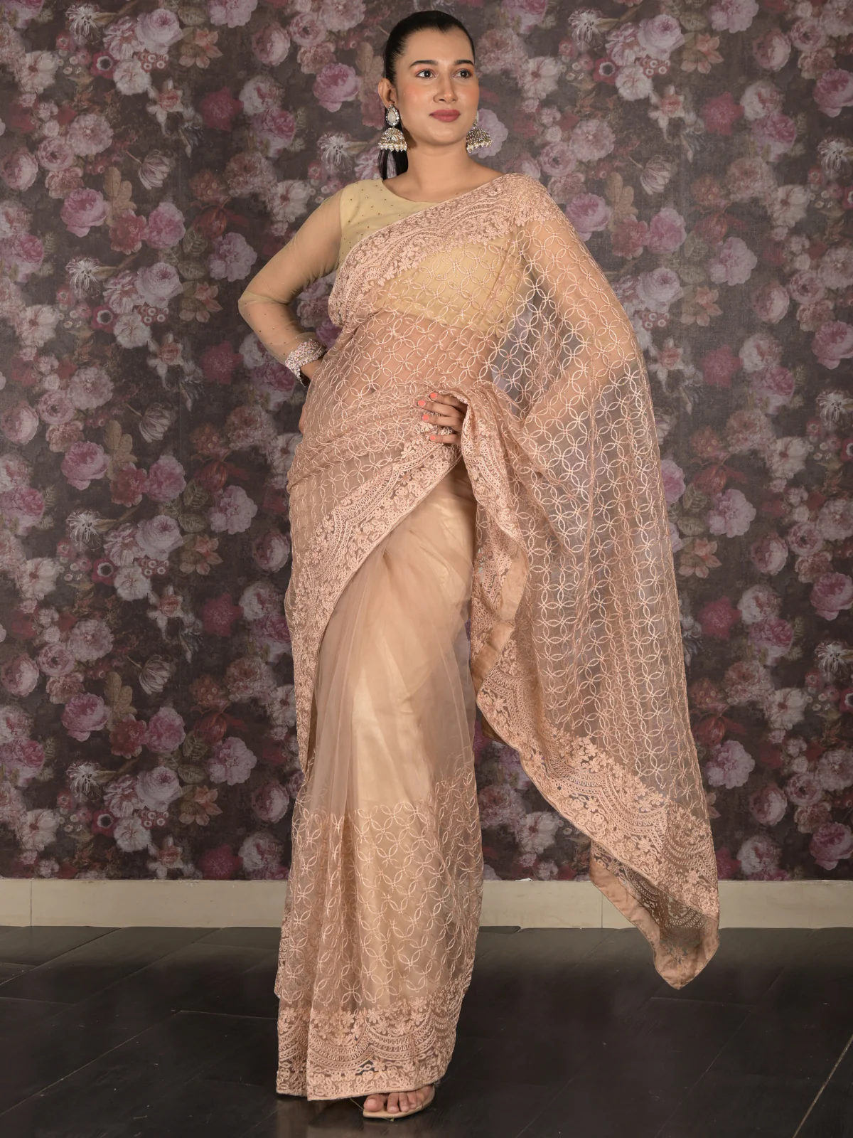 Odette Beige Thread Embroidered Net Saree with Unstitched Blouse for Women - Image 2