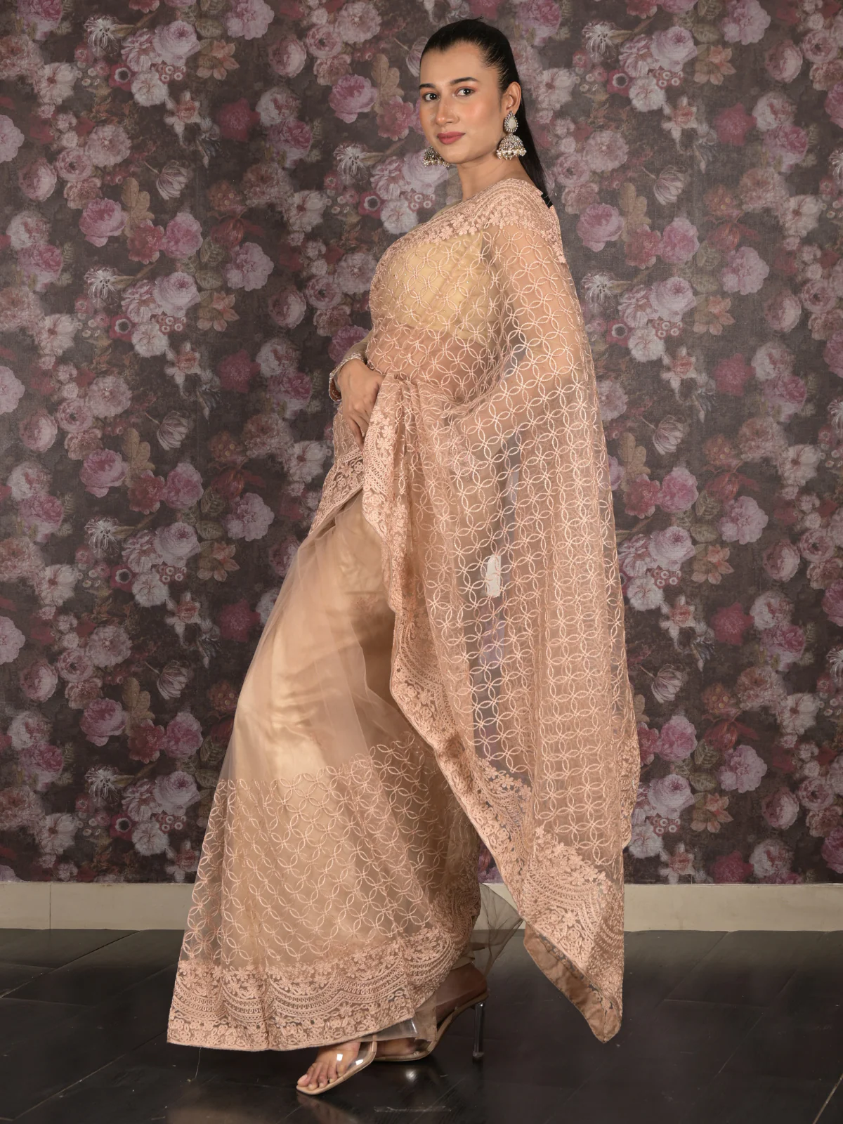 Odette Beige Thread Embroidered Net Saree with Unstitched Blouse for Women - Image 3