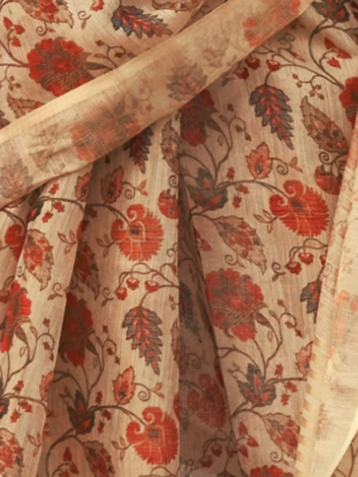 Odette Beige Tissue Printed Saree With Unstitched Blouse For Women - Image 3