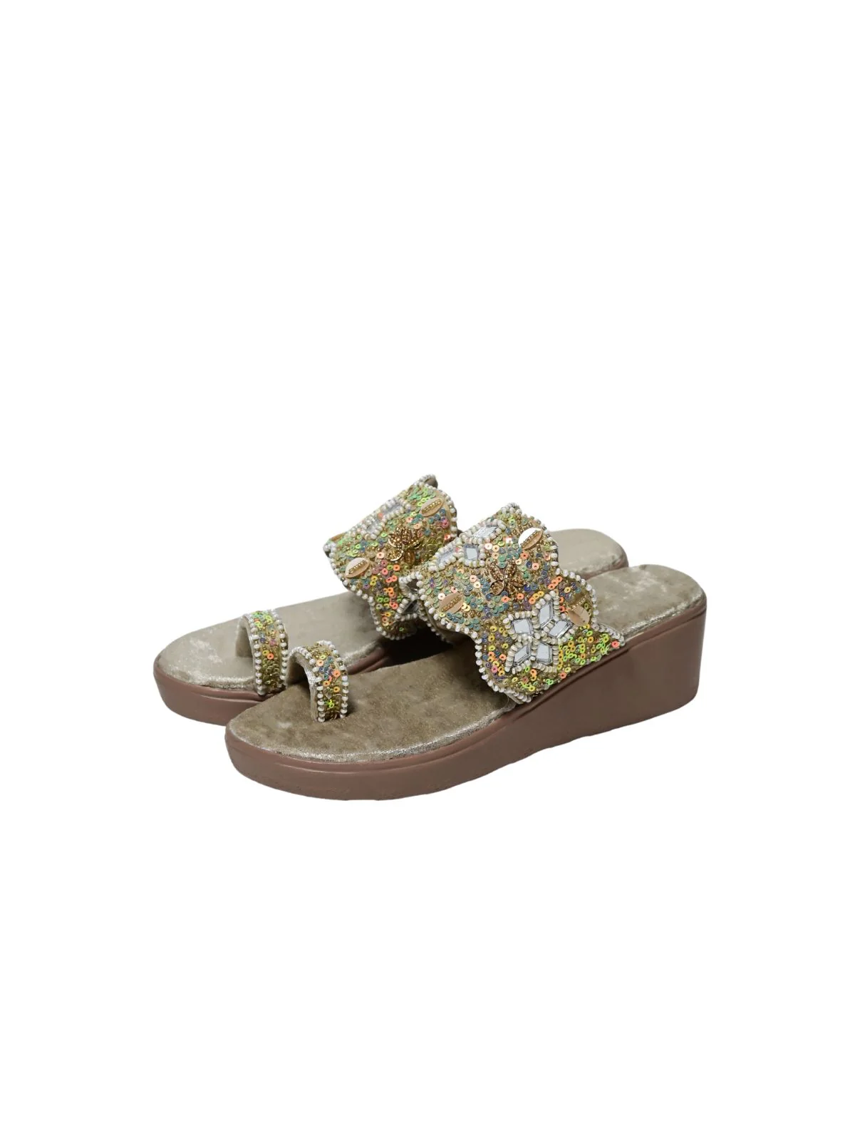 Odette Beige Velvet Embellished Heels For Women - Image 5