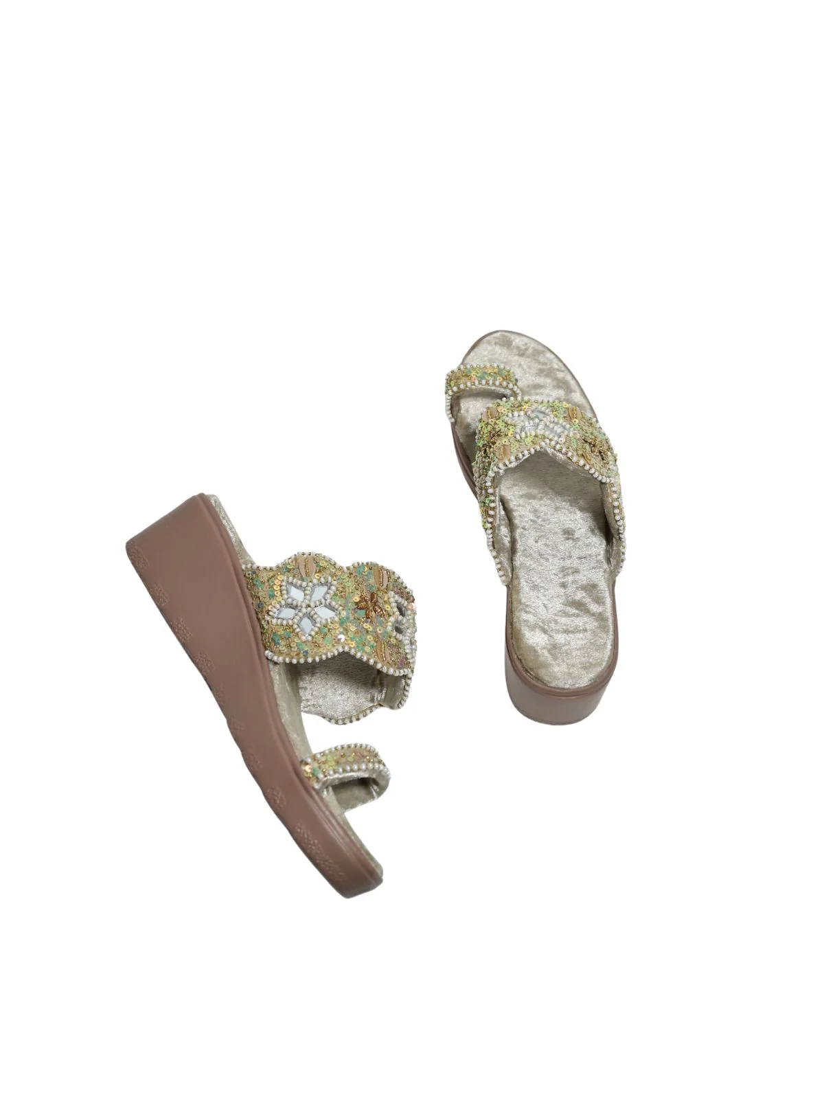 Odette Beige Velvet Embellished Heels For Women - Image 6