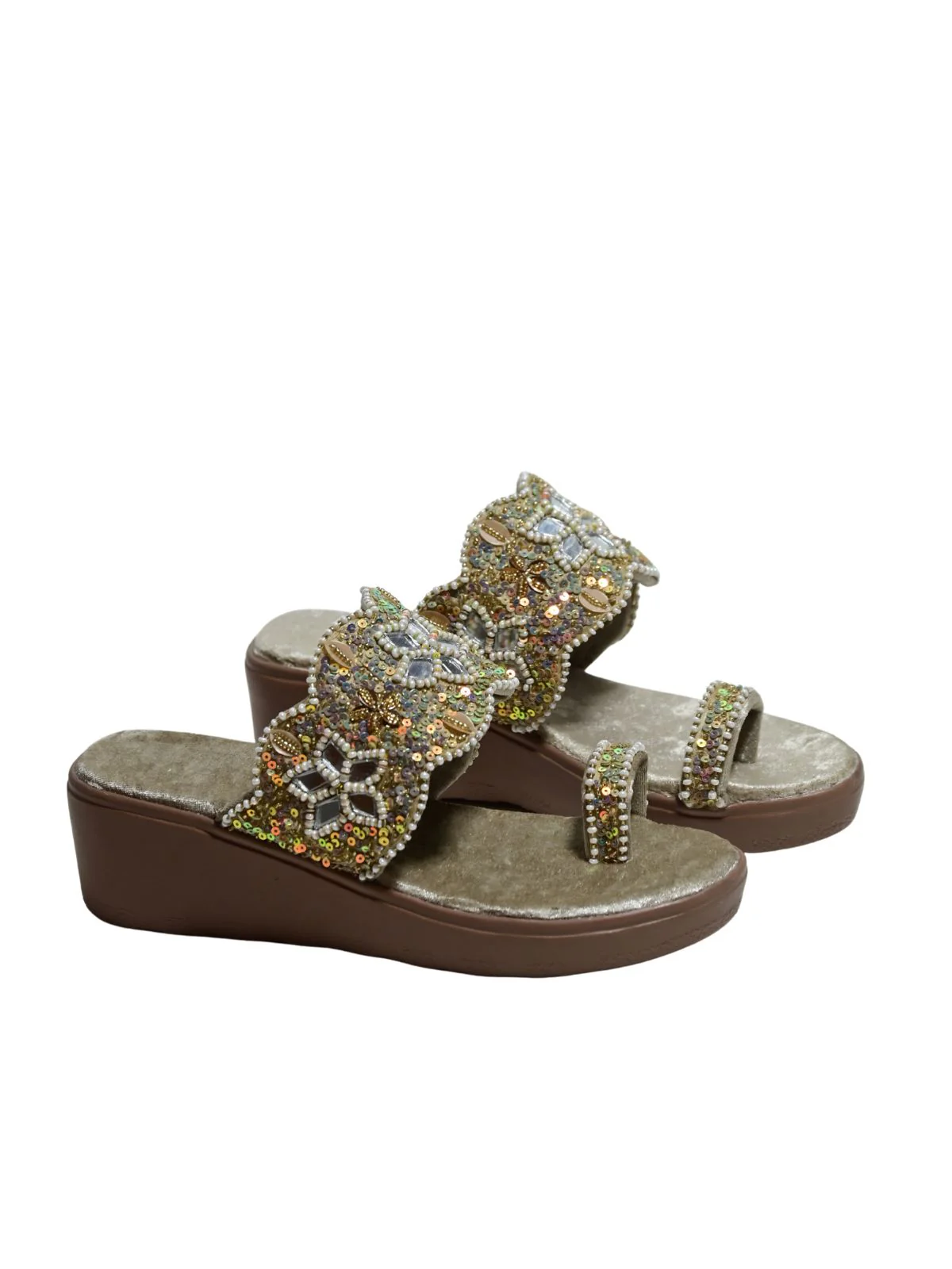 Odette Beige Velvet Embellished Heels For Women - Image 8