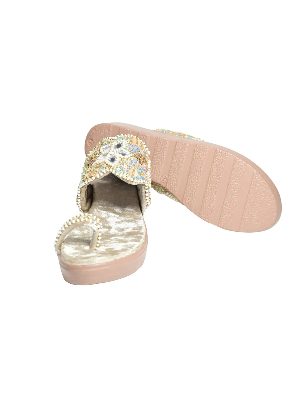 Odette Beige Velvet Embellished Heels For Women - Image 9