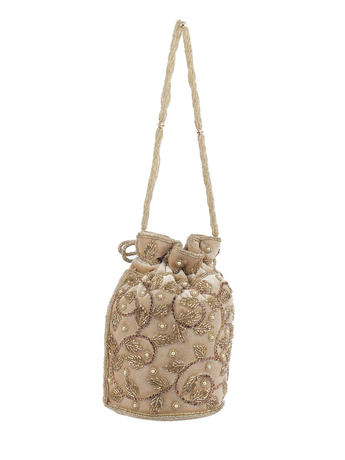 Odette Beige Velvet Embellished Potli For Women - Image 3