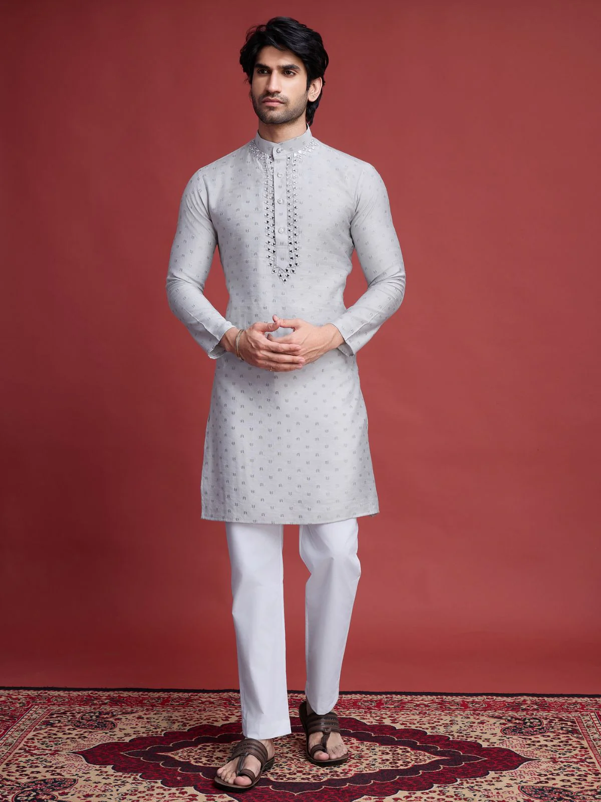 Odette Beige Viscose Rayon Mirror Work Stitched Kurta For Men - Image 2
