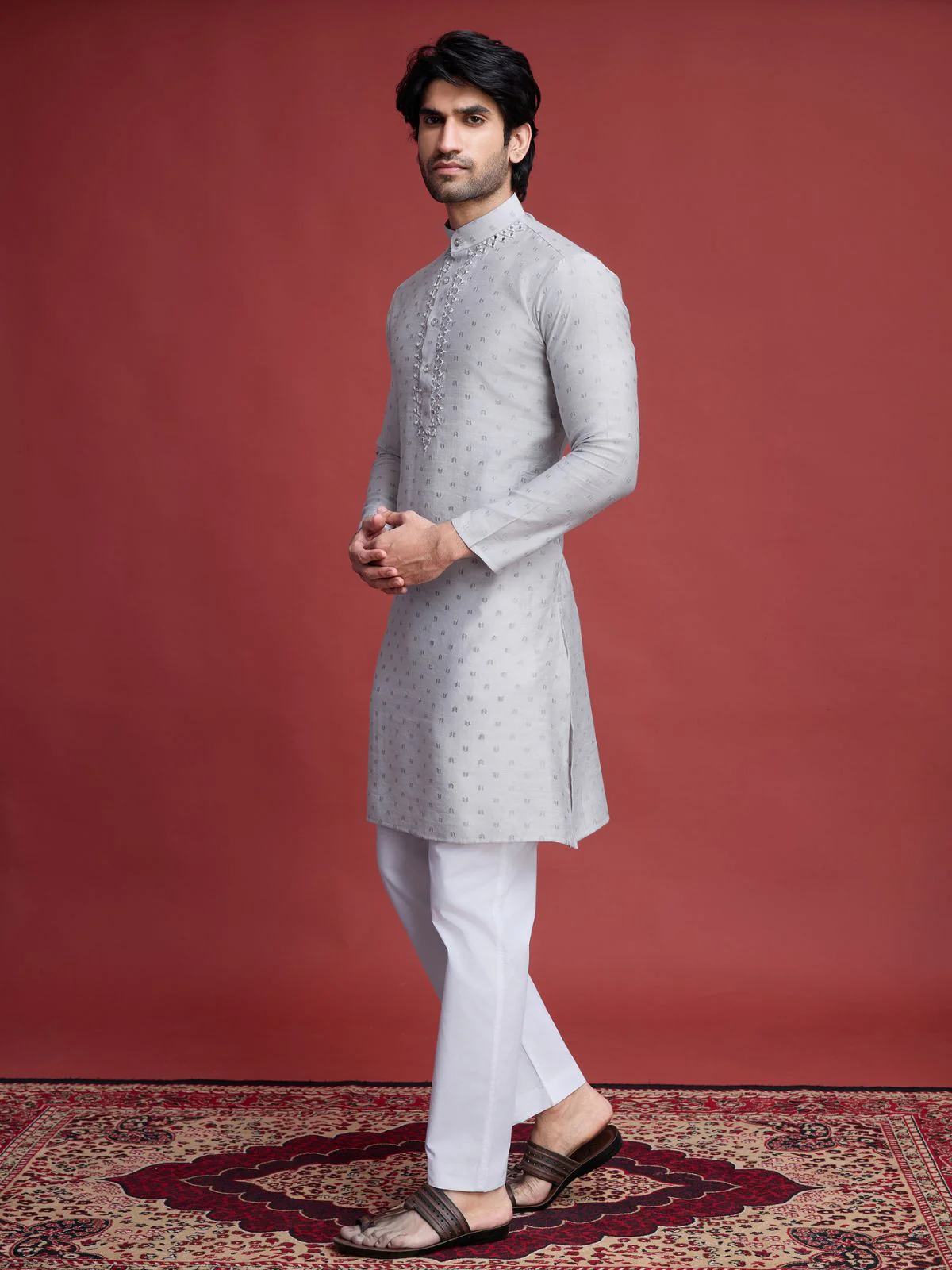 Odette Beige Viscose Rayon Mirror Work Stitched Kurta For Men - Image 3