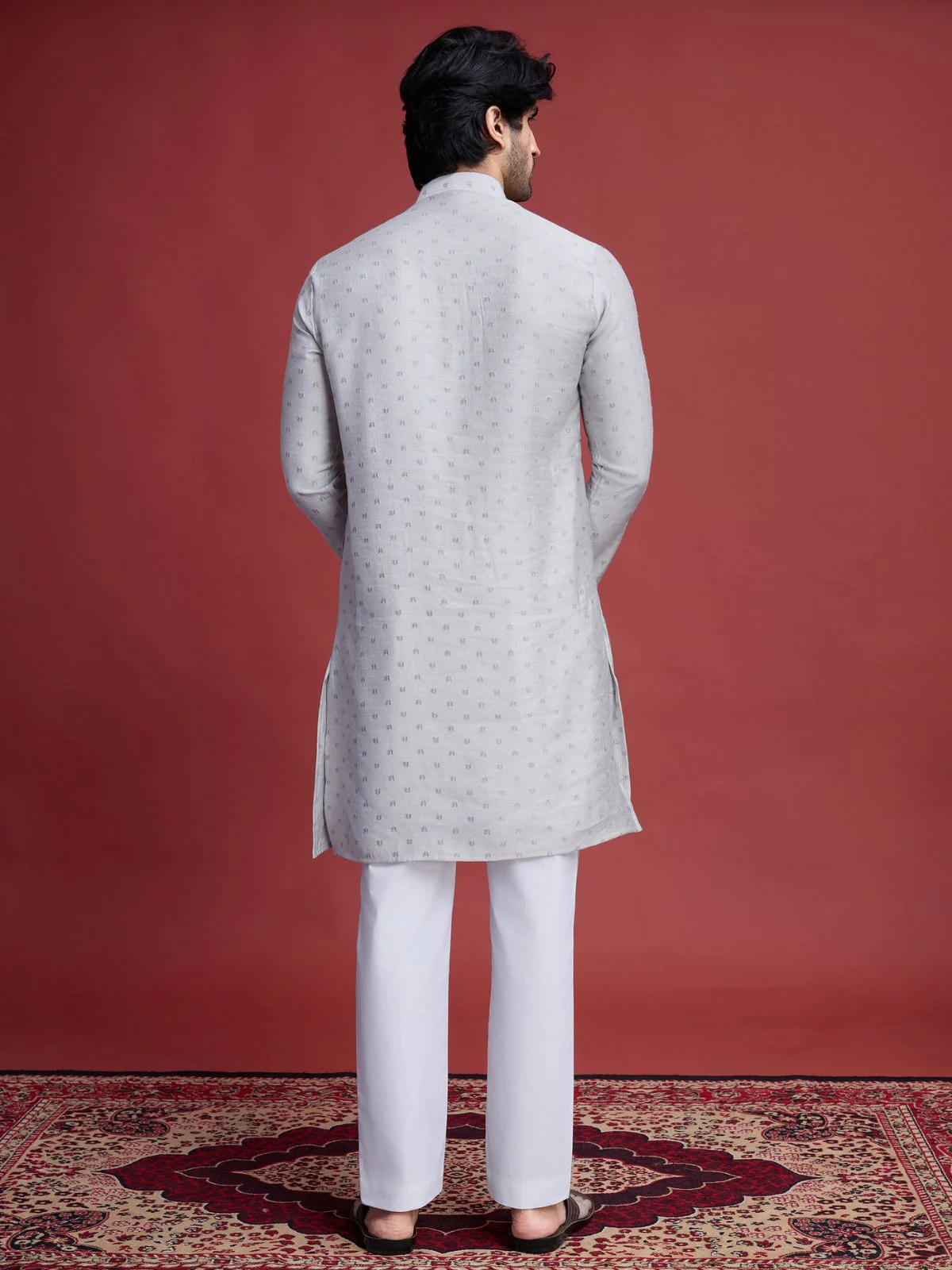 Odette Beige Viscose Rayon Mirror Work Stitched Kurta For Men - Image 4