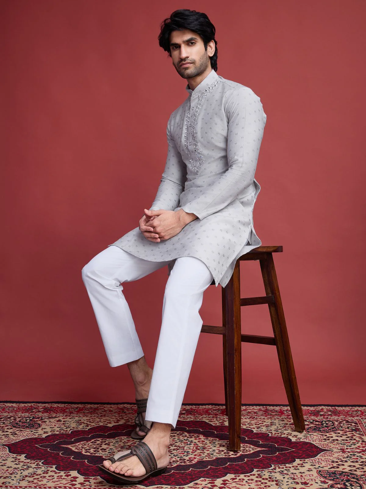 Odette Beige Viscose Rayon Mirror Work Stitched Kurta For Men - Image 6