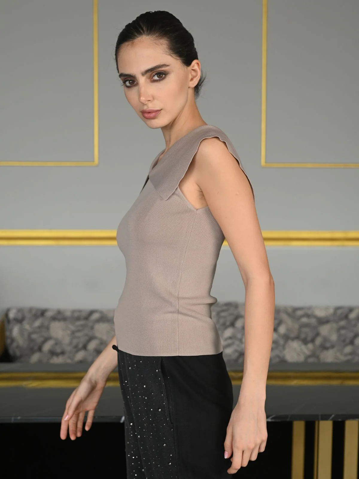 Odette Beige Viscose Rib Lycra Top For Women - Image 3