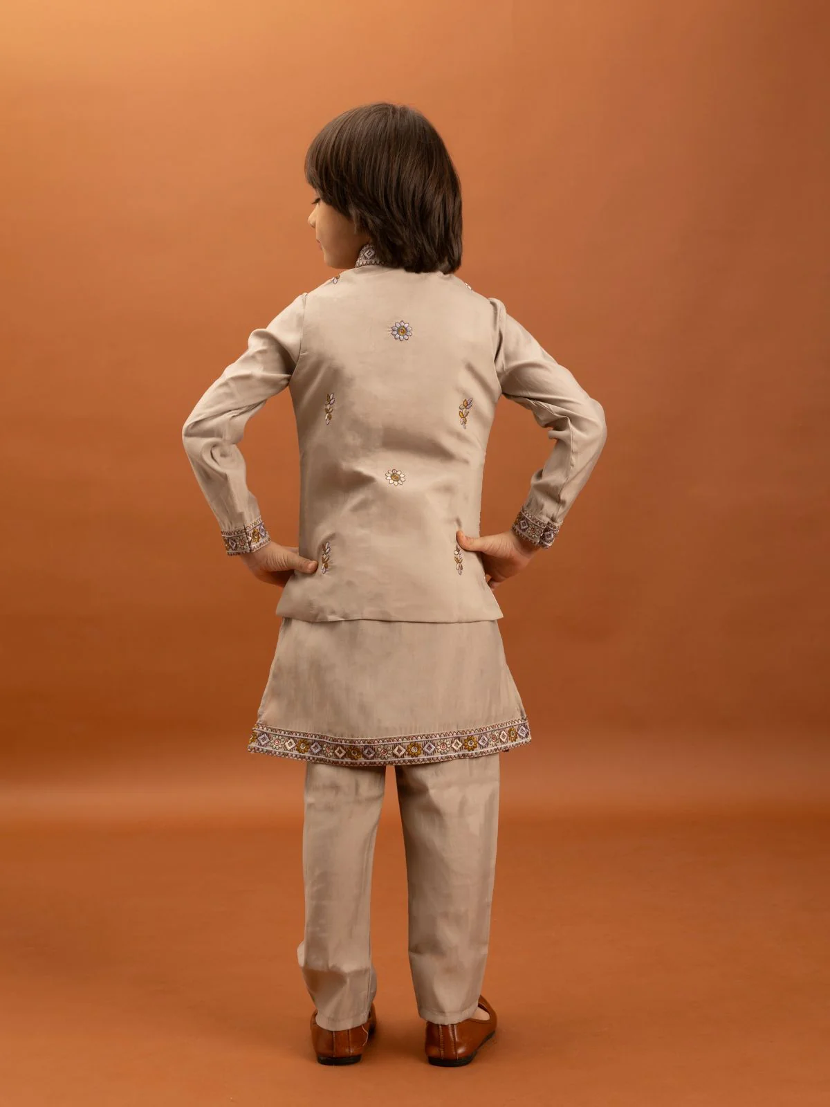 Odette Beige Viscose Silk Embroidered Stitched Kurta Set For Kids - Image 2