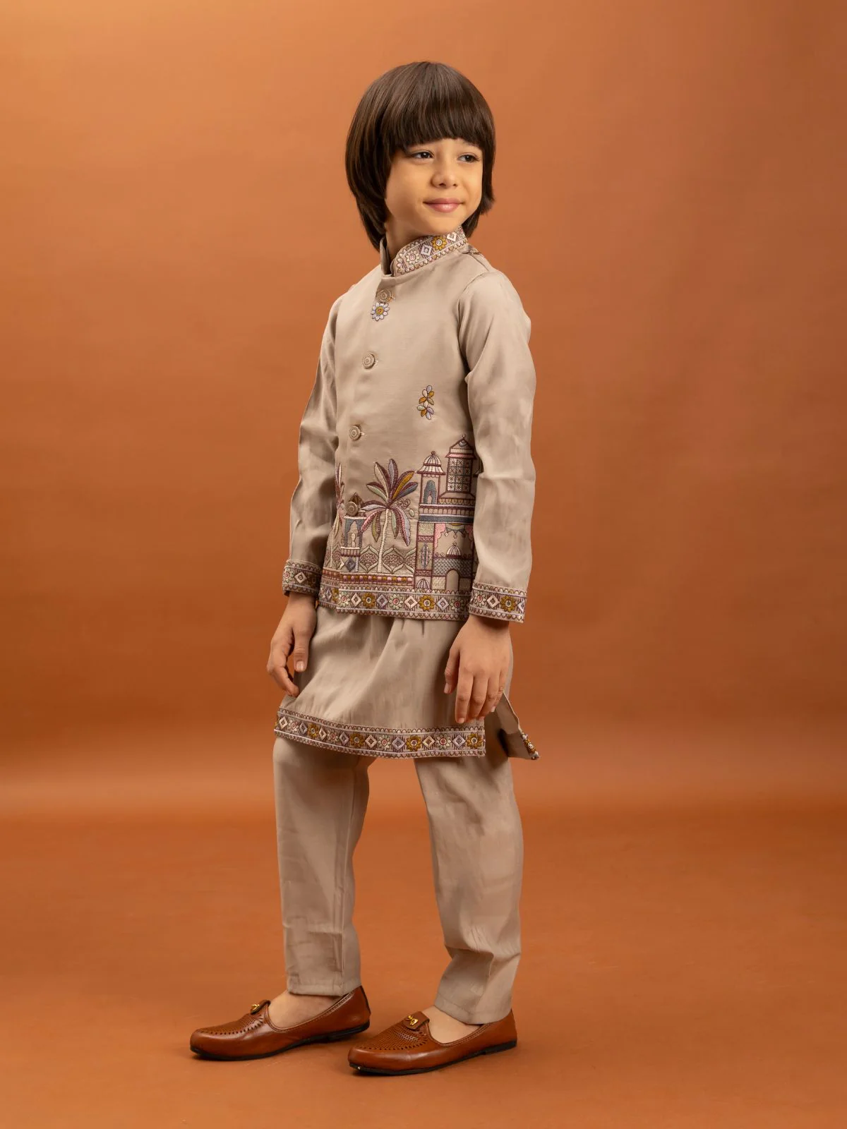 Odette Beige Viscose Silk Embroidered Stitched Kurta Set For Kids - Image 3