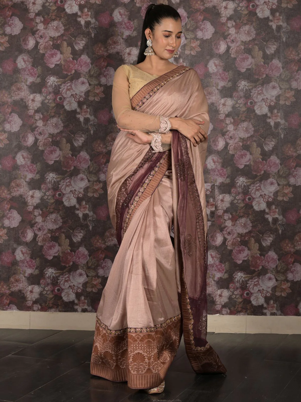 Odette Beige Woven Cotton Silk Blend Saree With Unstitched Blouse For Women - Image 2