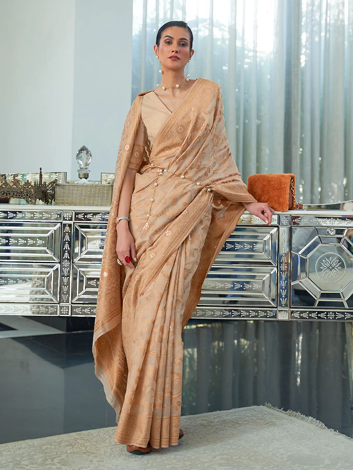 Odette Beige Woven Design Cotton Blend Saree With Unstitched Blouse For Women - Image 2