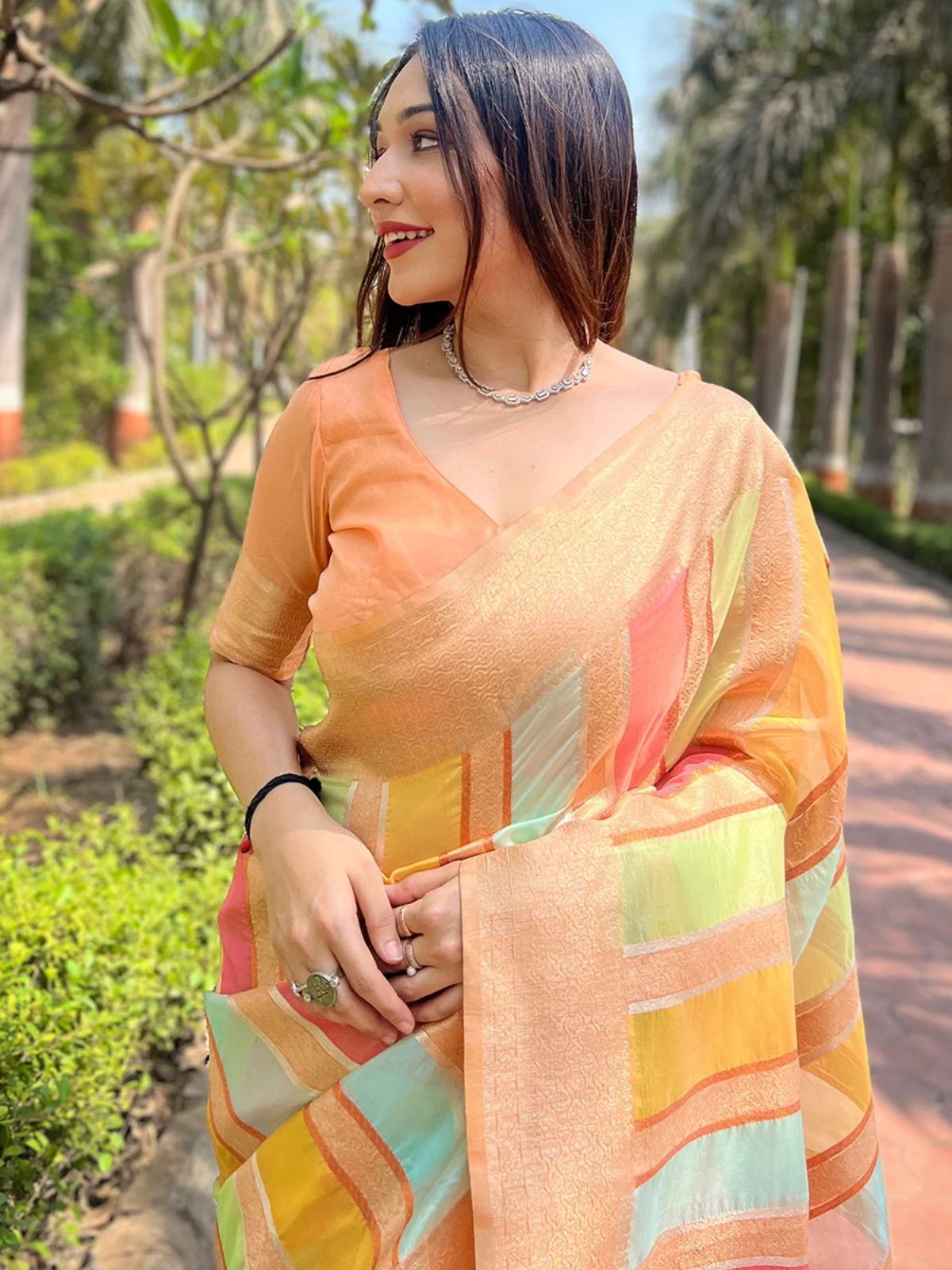 Odette Beige Woven Design Organza Saree With Unstitched Blouse For Women - Image 3