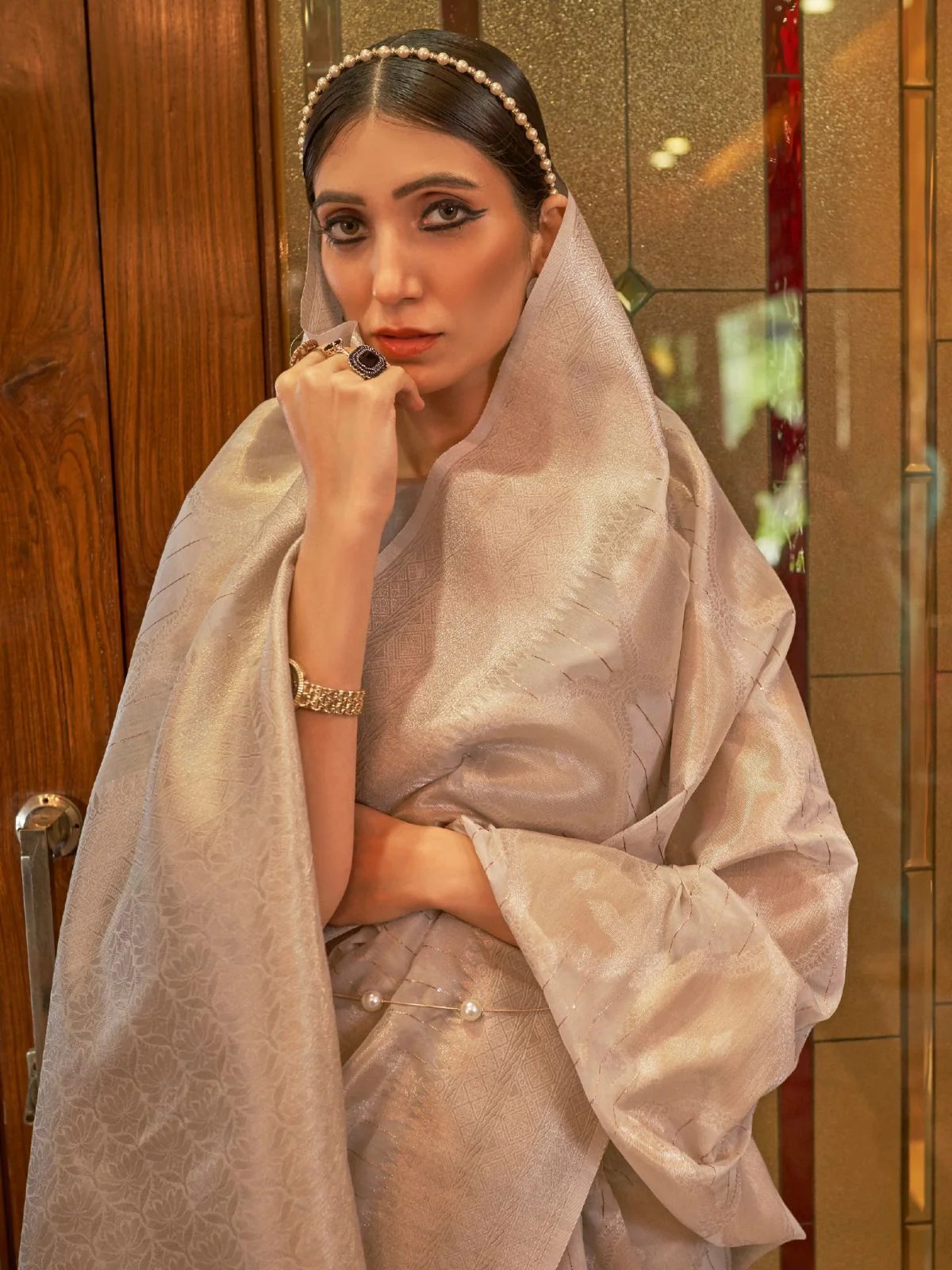 Odette Beige Woven Design Silk Blend Saree With Unstitched Blouse For Women - Image 2