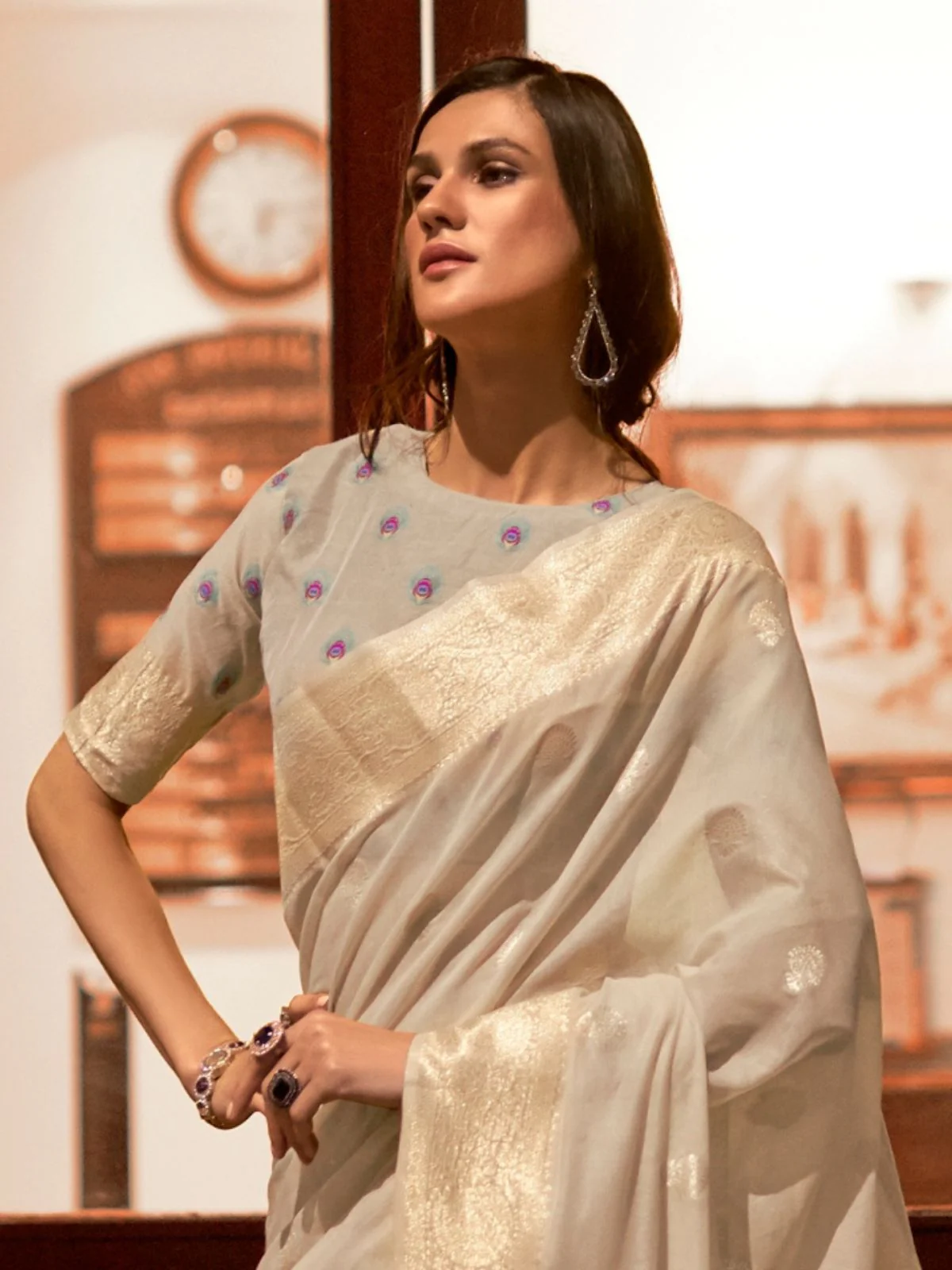 Odette Beige Woven Design Silk Blend Saree With Unstitched Blouse For Women - Image 3