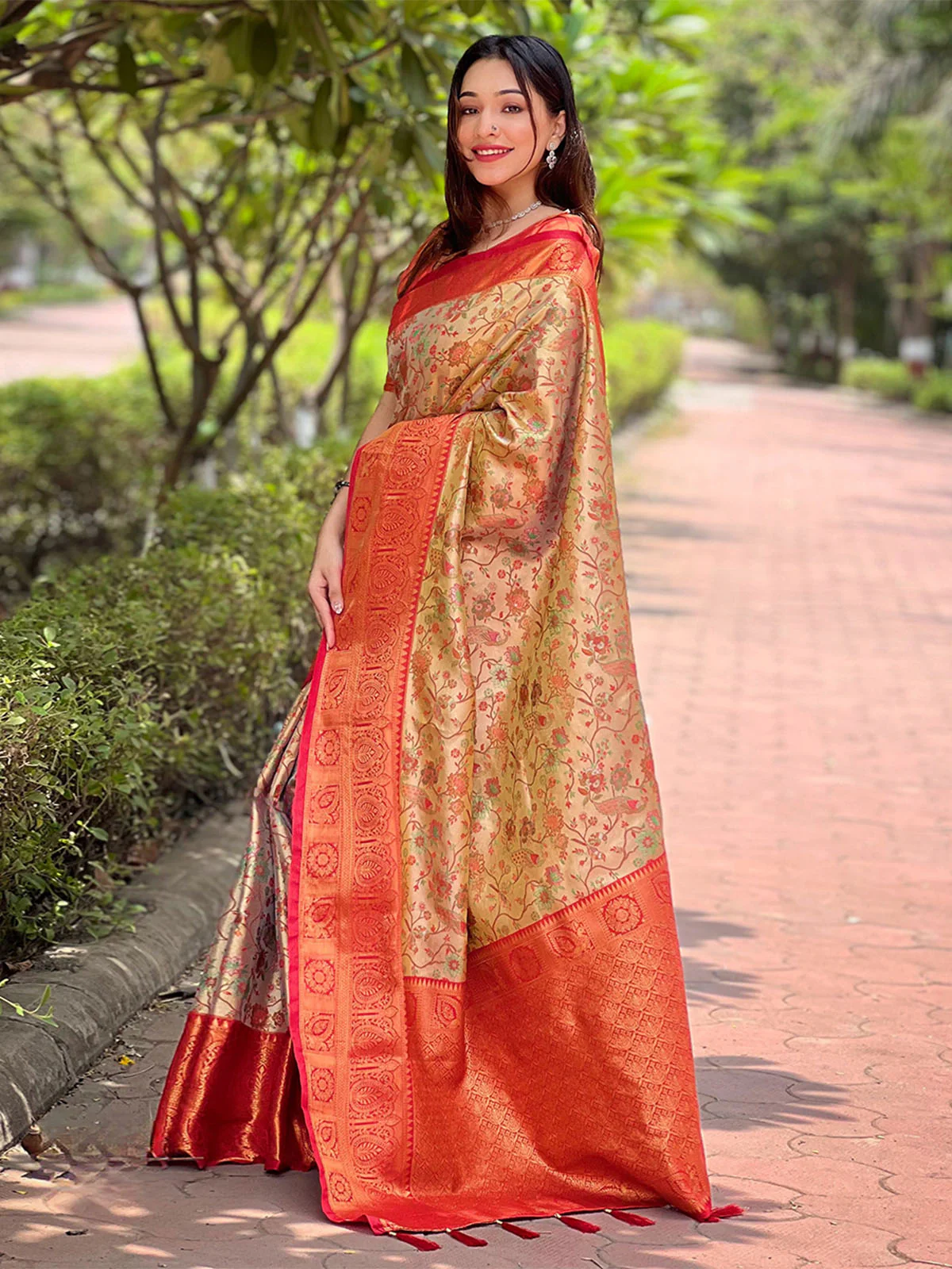 Odette Beige Woven Design Silk Blend Saree With Unstitched Blouse For Women - Image 2