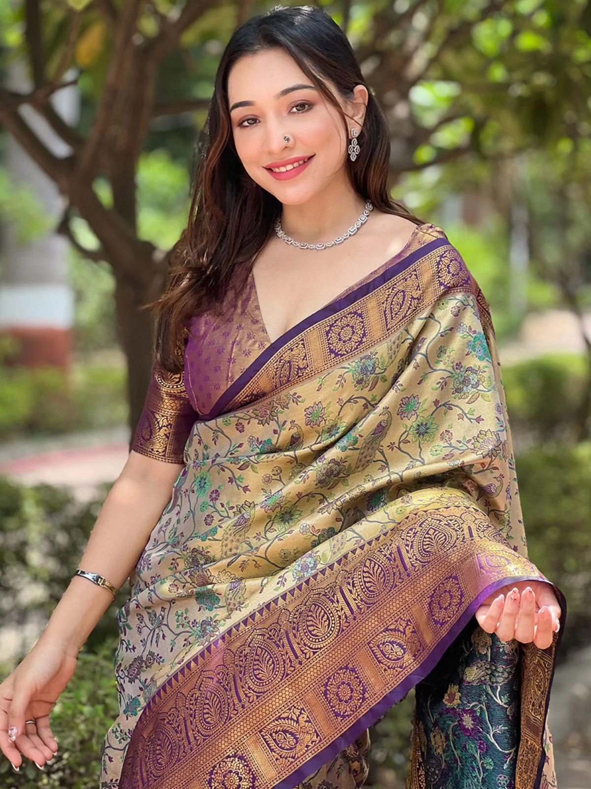 Odette Beige Woven Design Silk Blend Saree With Unstitched Blouse For Women - Image 3