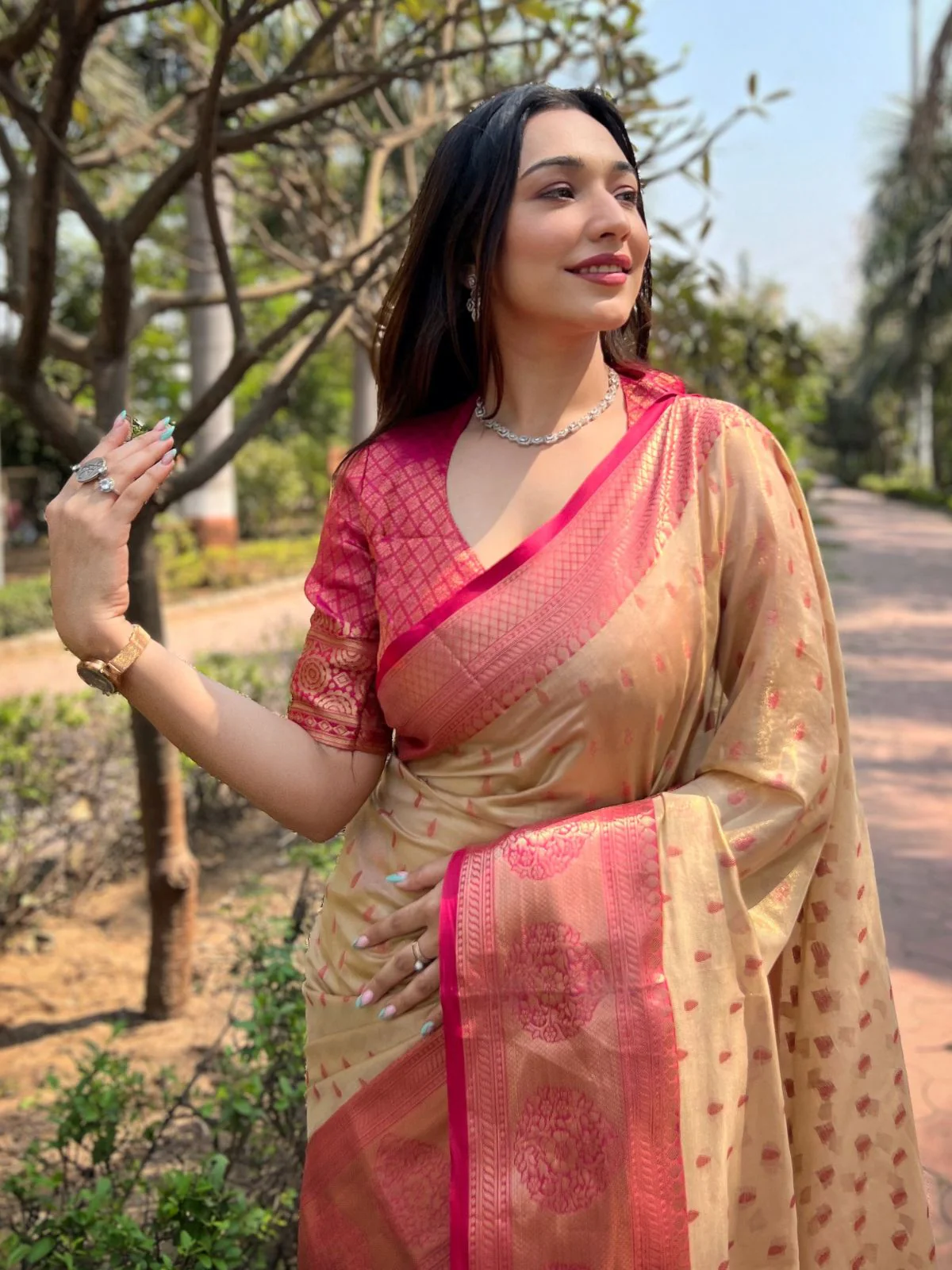 Odette Beige Woven Design Tissue Silk Saree With Unstitched Blouse For Women - Image 3