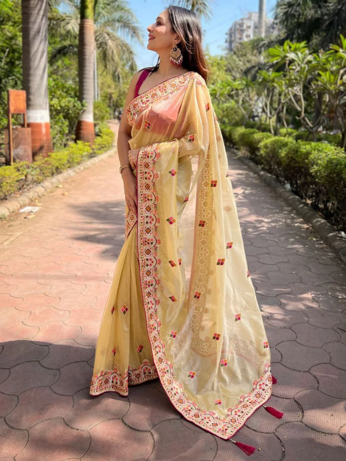 Odette Beige Embroidered Net Saree With Unstitched Blouse For Women - Image 2