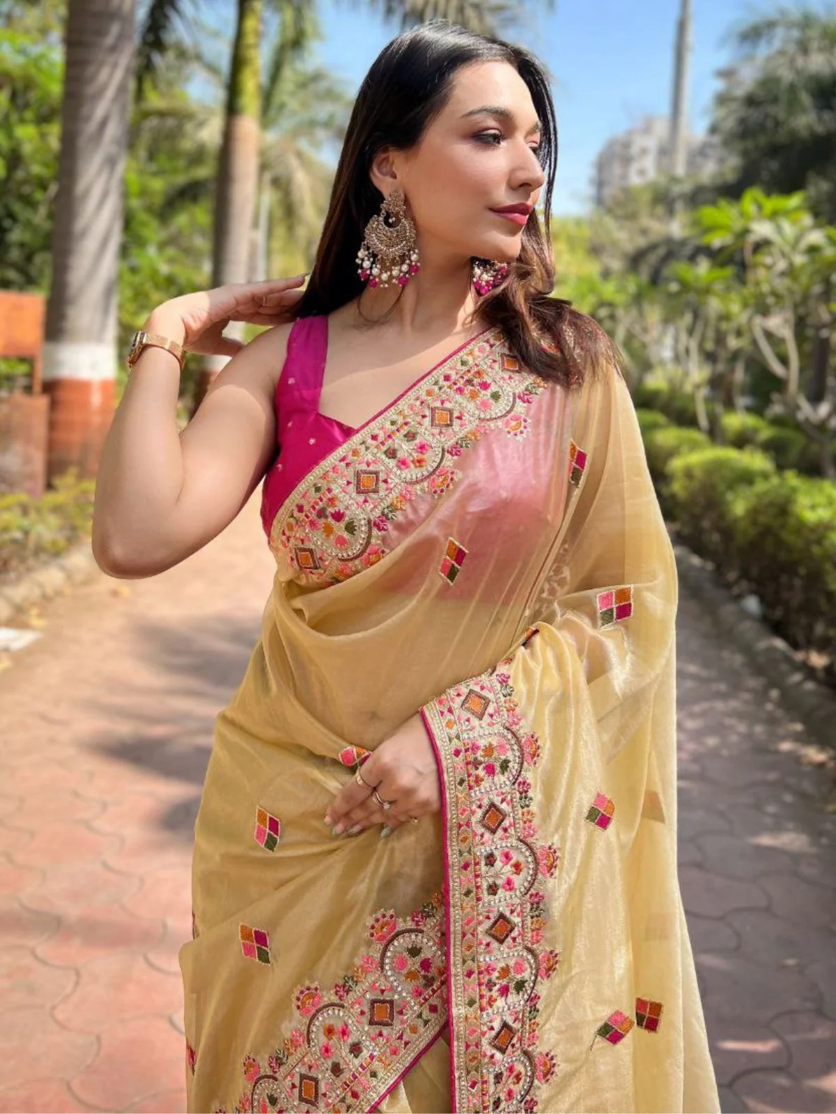 Odette Beige Embroidered Net Saree With Unstitched Blouse For Women - Image 3