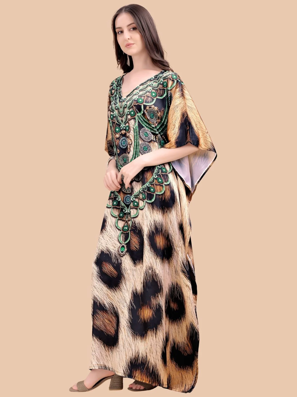 Odette Black And Beige Satin Printed Kaftan For Women - Image 2