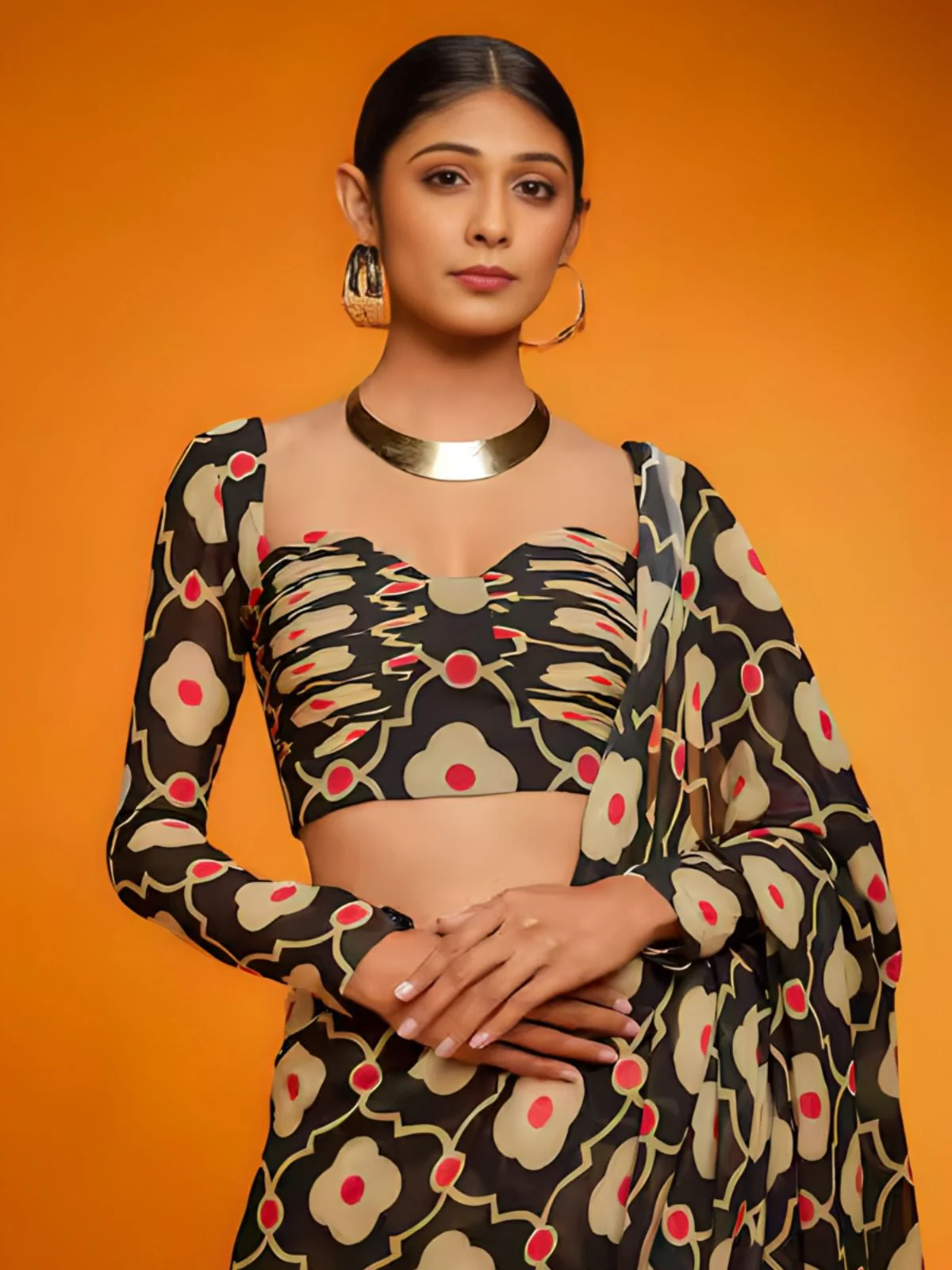 Odette Black And Beige Satin Printed Saree With Unstitched Blouse For Women - Image 3