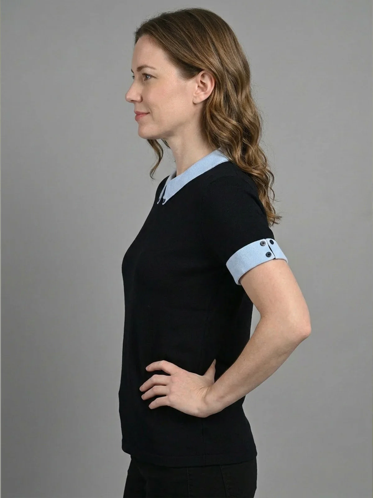 Odette Black And Blue Cotton Rib Solid Top For Women - Image 2