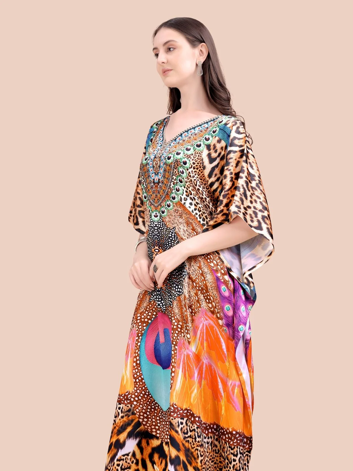 Odette Black And Brown Satin Printed Kaftan For Women - Image 4