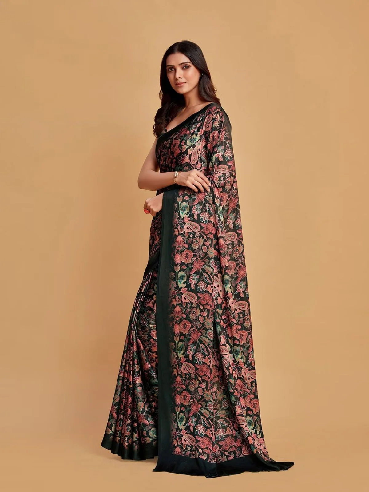 Odette Black And Brown Satin Printed Saree With Unstitched Blouse For Women - Image 2