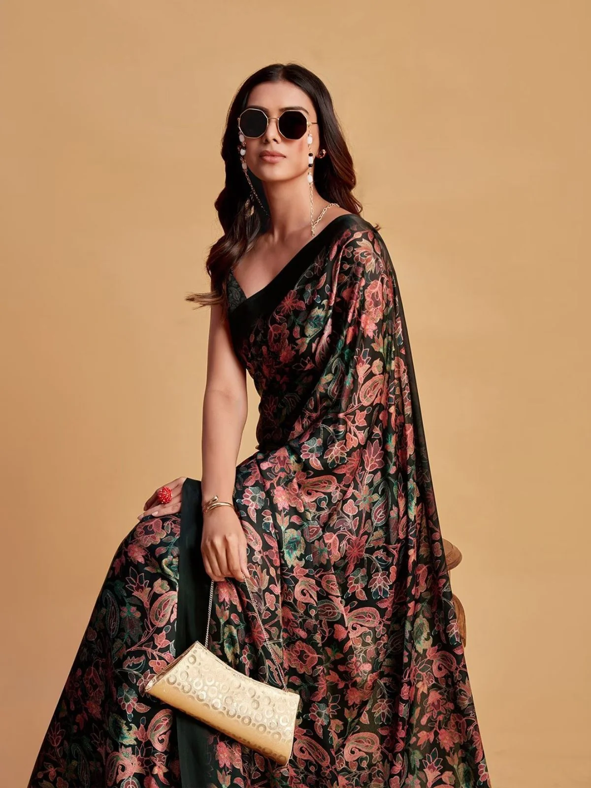 Odette Black And Brown Satin Printed Saree With Unstitched Blouse For Women - Image 3