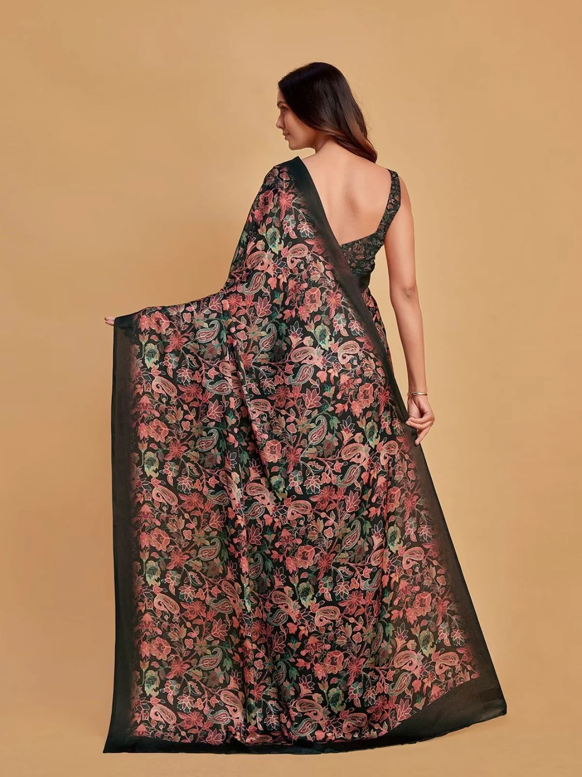 Odette Black And Brown Satin Printed Saree With Unstitched Blouse For Women - Image 6