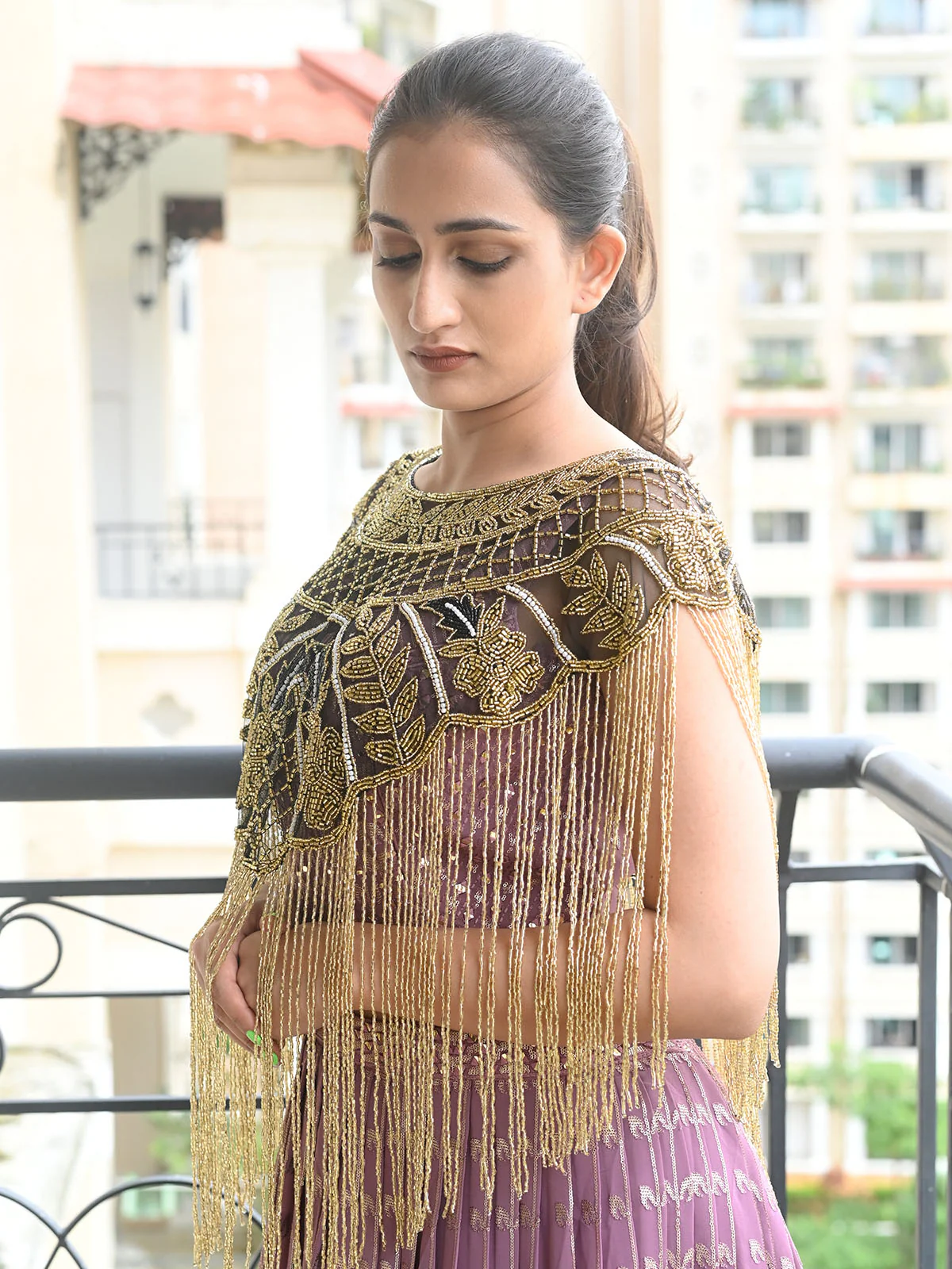 Odette Black And Gold Net Cutdana Embellished Tasseled Cape for Women - Image 2
