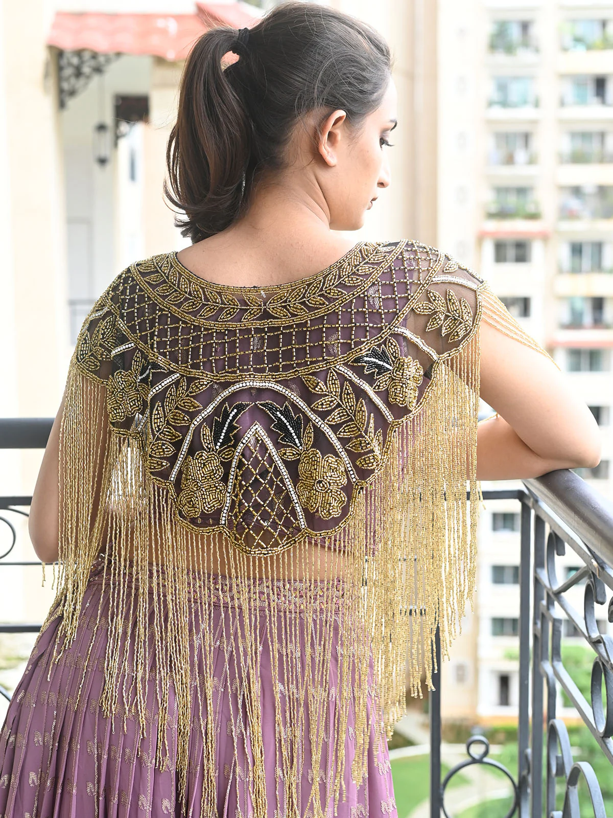 Odette Black And Gold Net Cutdana Embellished Tasseled Cape for Women - Image 3