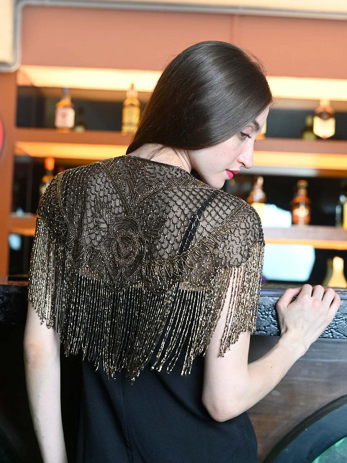 Odette Black And Gold Net Embroidered Cape For Women - Image 3