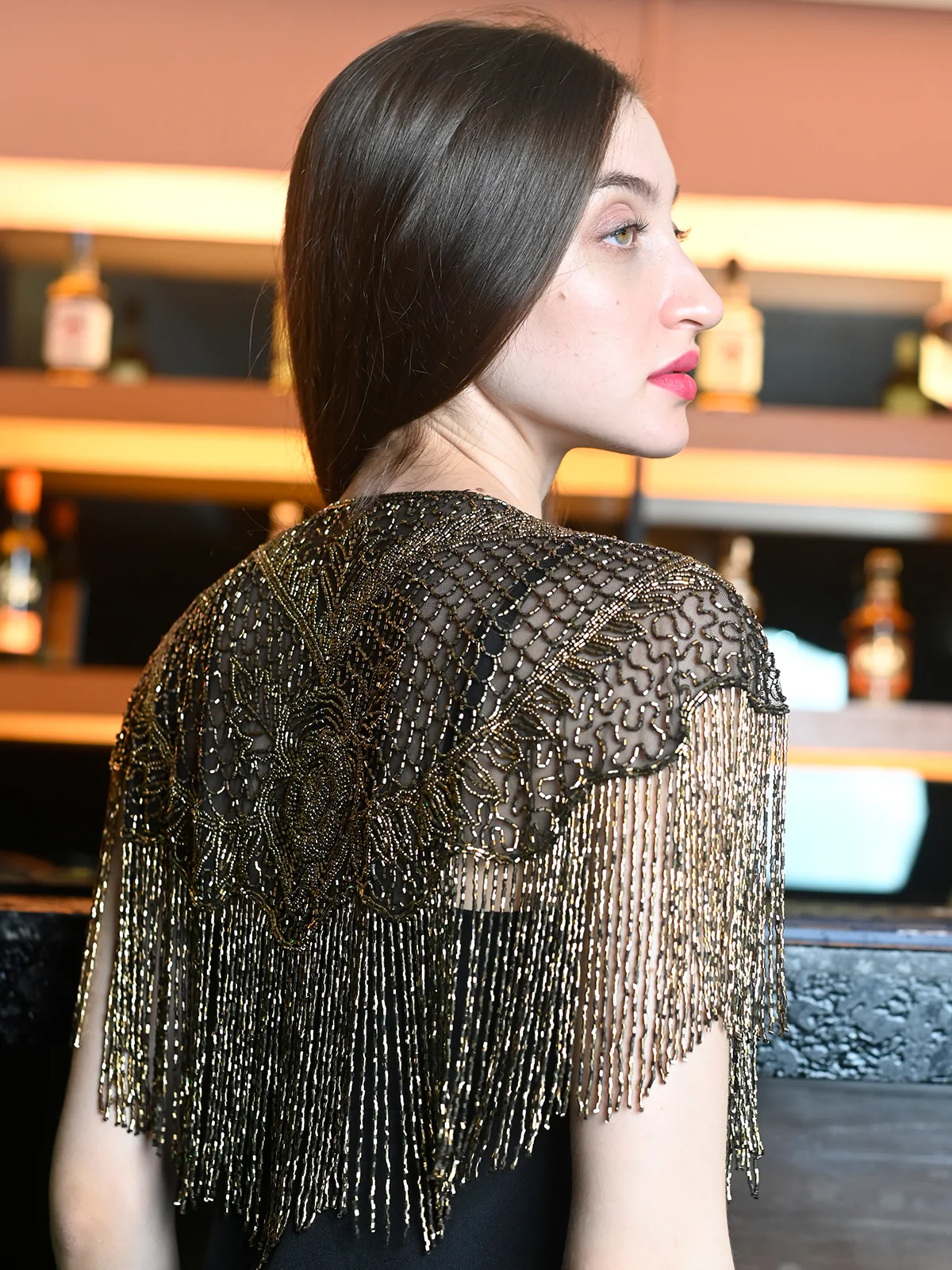 Odette Black And Gold Net Embroidered Cape For Women - Image 4