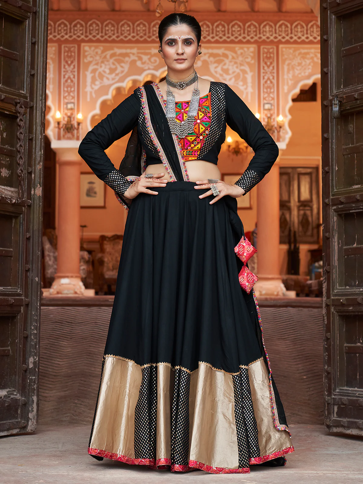 Odette Black And Gold Rayon Printed Stitched Lehenga With Blouse For Women - Image 2