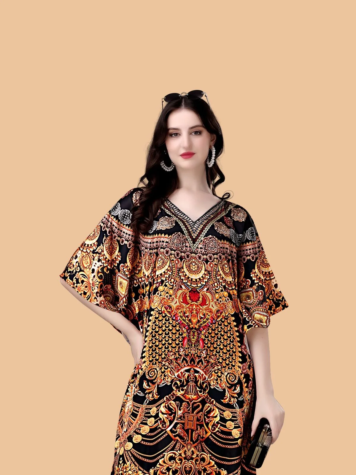Odette Black And Gold Satin Printed Kaftan For Women - Image 4