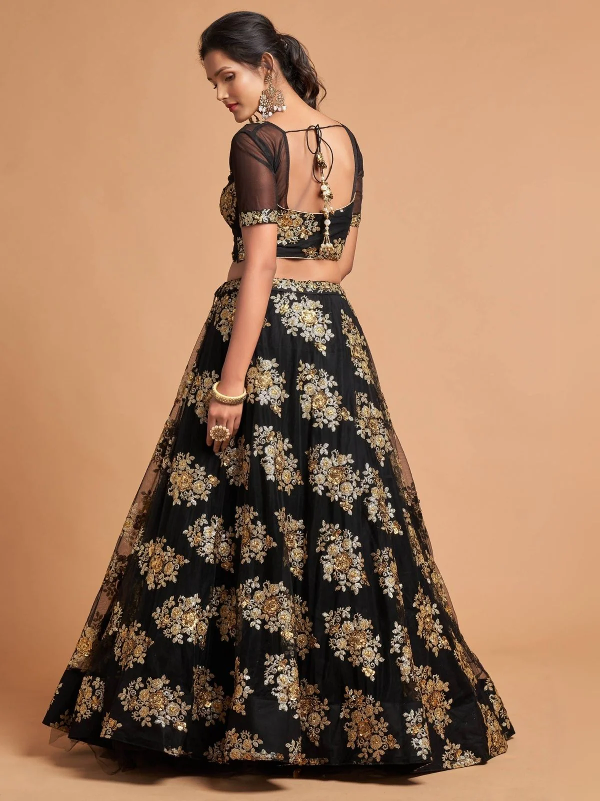Odette Black And Gold Soft Net Embroidered Semi Stitched Lehenga With Blouse For Women - Image 3