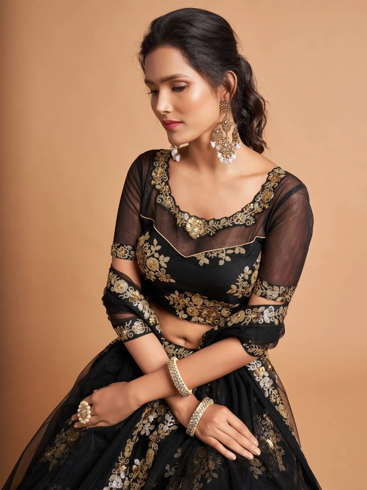 Odette Black And Gold Soft Net Embroidered Semi Stitched Lehenga With Blouse For Women - Image 5