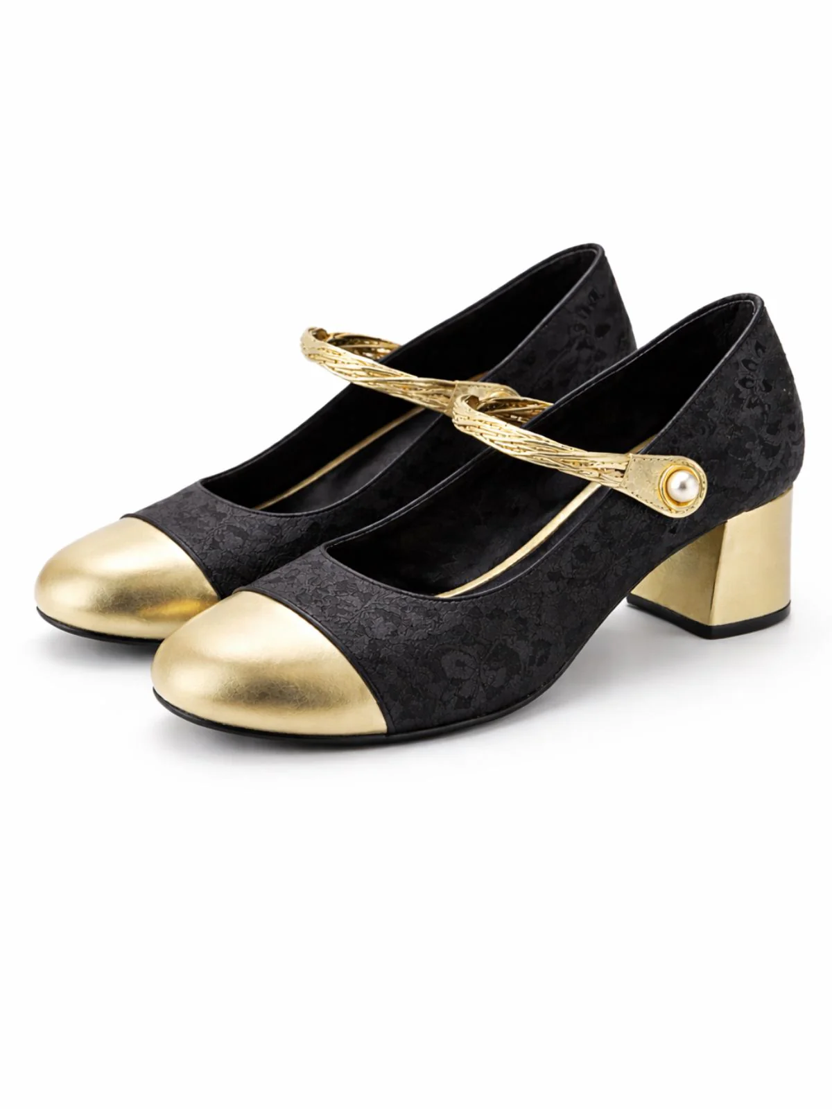Odette Black And Golden PU Self Design Heels For Women - Image 3