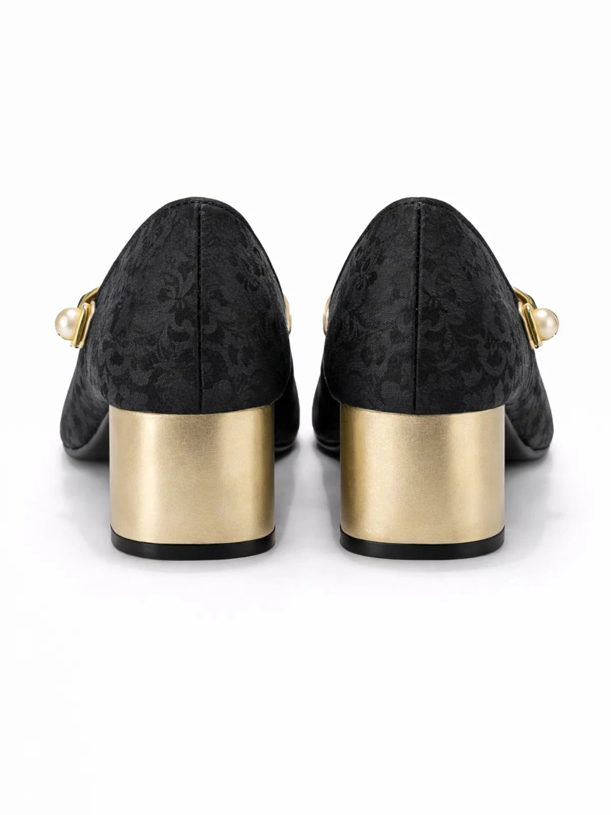 Odette Black And Golden PU Self Design Heels For Women - Image 4